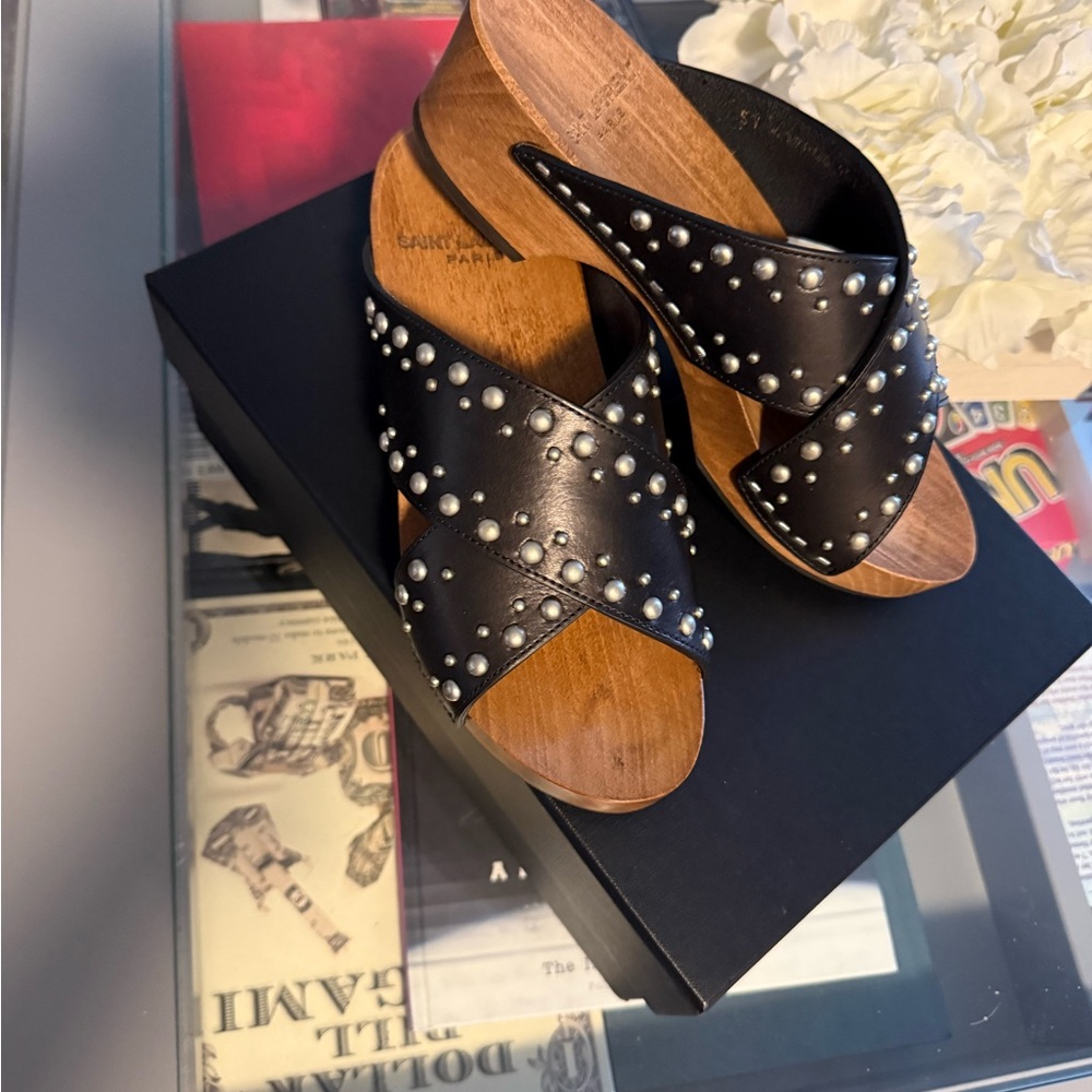 Saint Laurent Black Studded Leather Wooden platform clogs